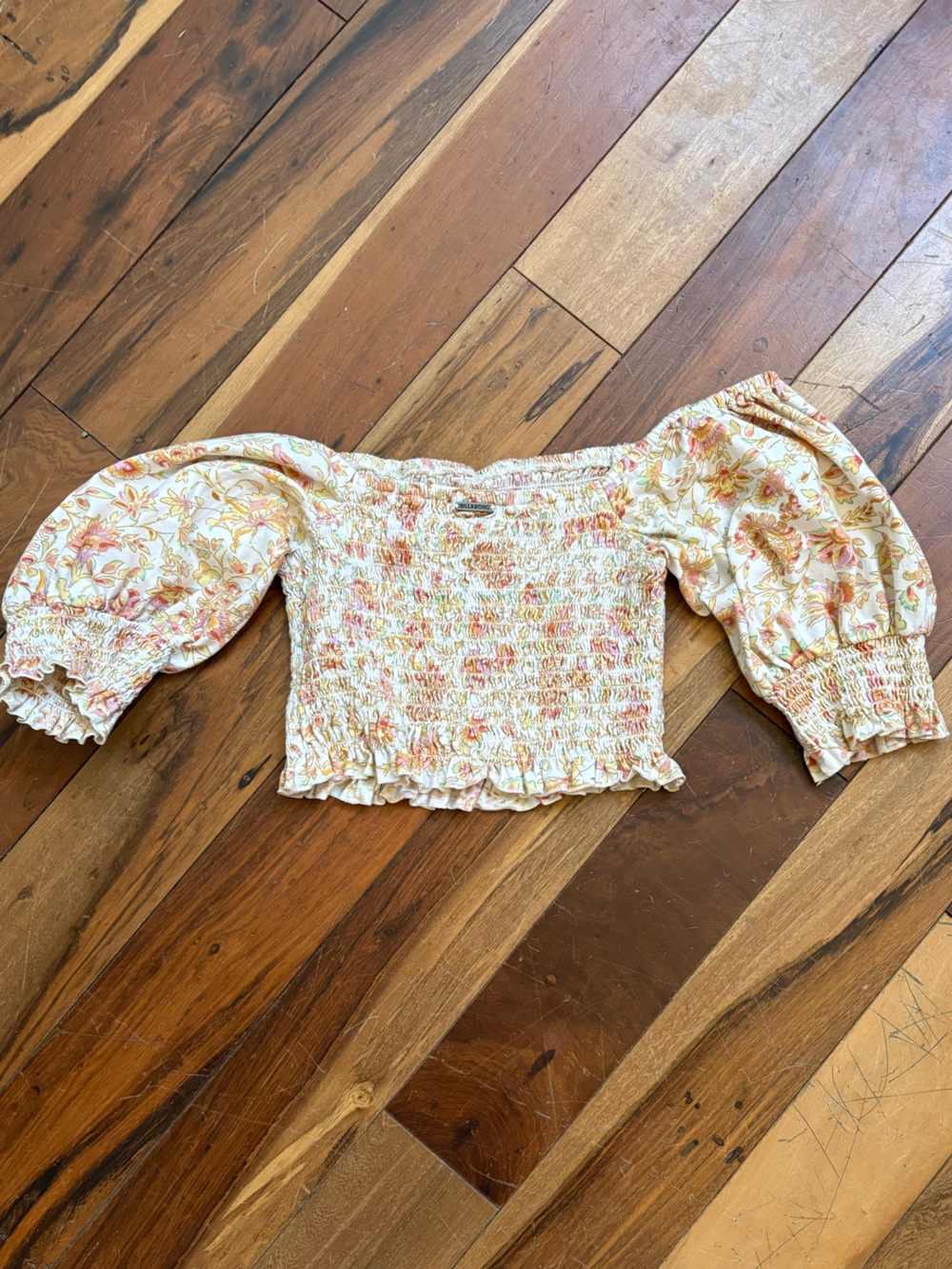 Billabong White Smocked Top with Pink, Gold & Green Floral Accents